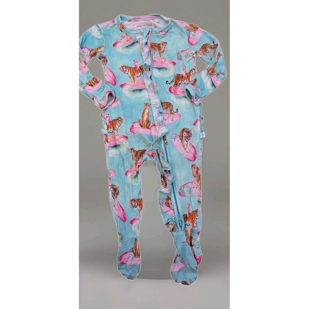 Posh Peanut Ruffled Zipper Footie – "Surfing Big Cats" Print‎ 0-3Months